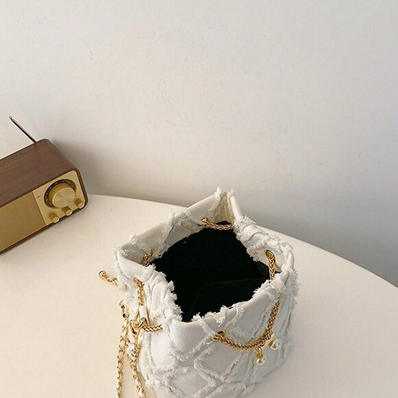 White Casual Women's Rhinestone Lattice Shoulder Bucket Bag - Picture 4 of 6